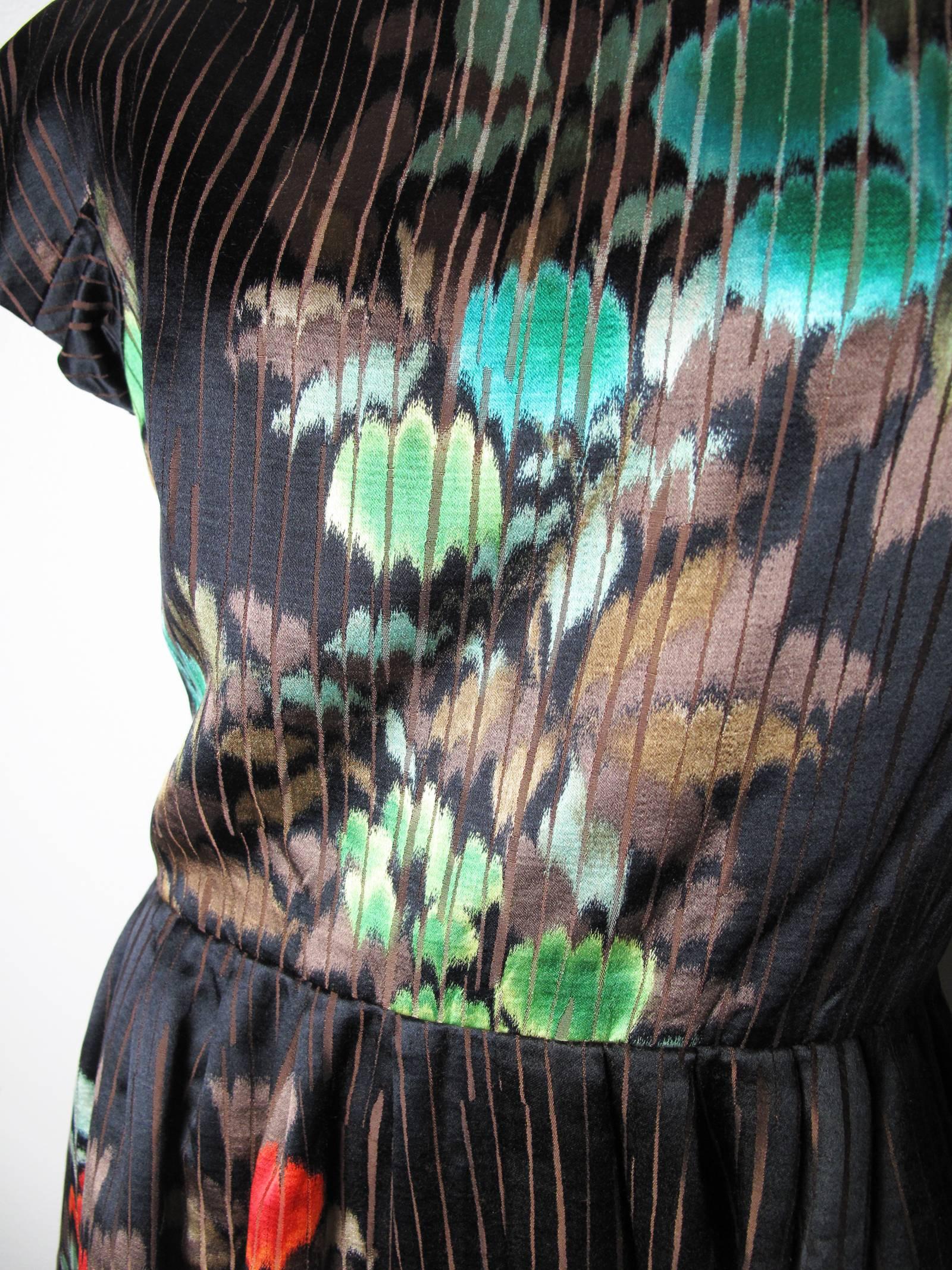 1950s Catherine Scott Satin Cocktail Dress with Floral Pattern In Excellent Condition In Austin, TX