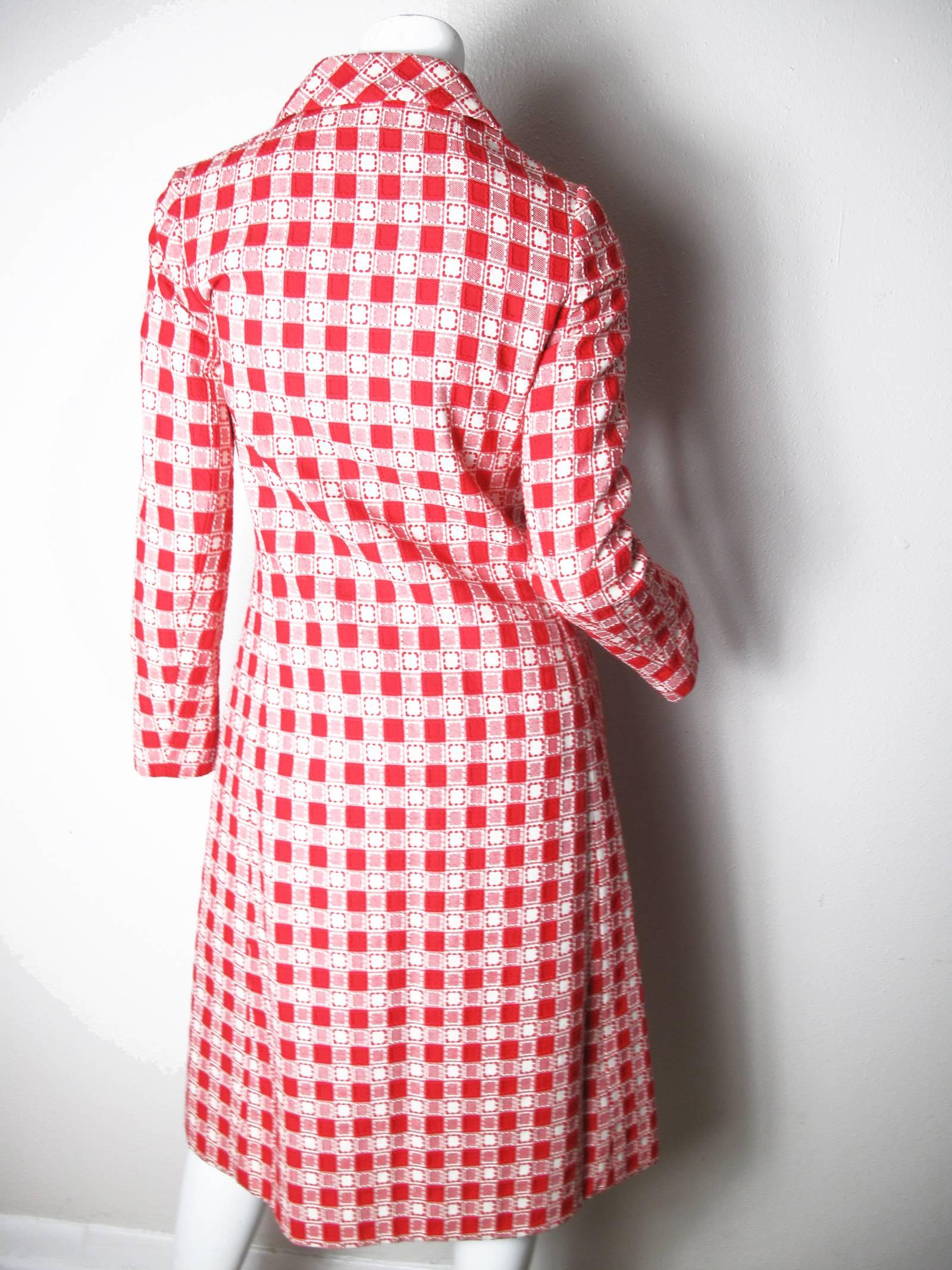 1960s Givenchy red and off white square printed coat and skirt.  Condition: Excellent. Size 38 / or current 4 - 6 
Coat: 35