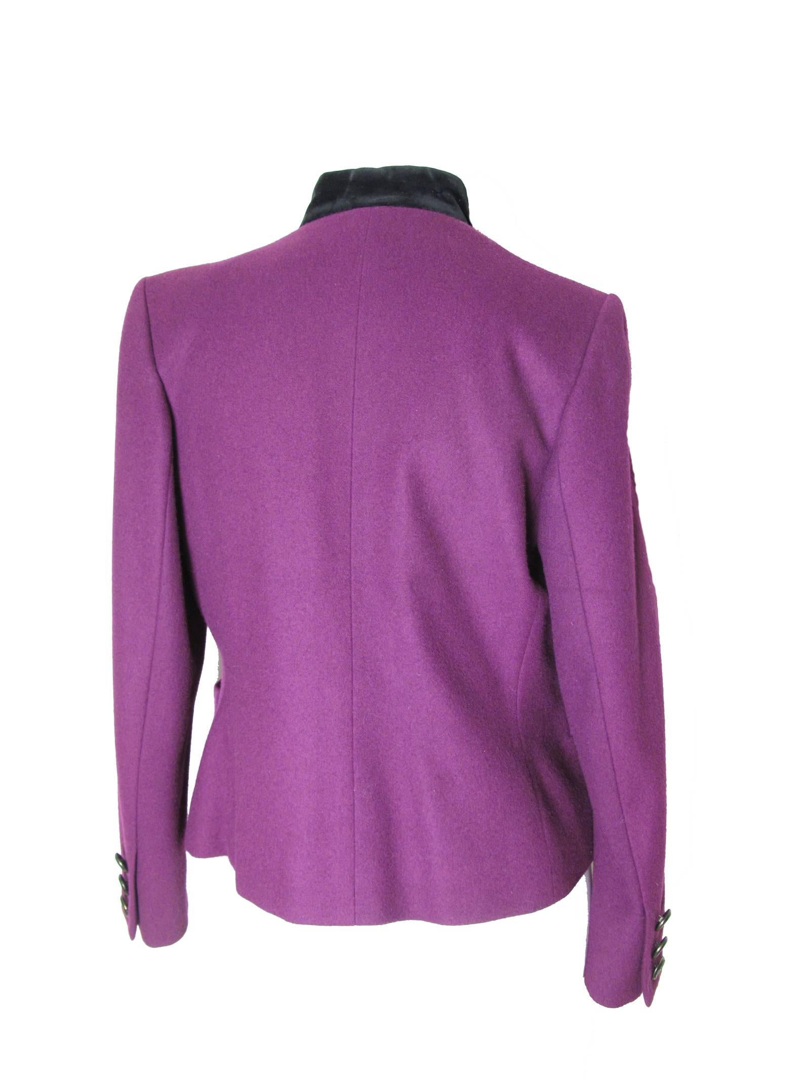 Yves Saint Laurent purple wool blazer with velvet collar, two front pockets, toggle closures.  Condition: Excellent.  Size 38. 
We accept returns for refund, please see our terms.  We offer free ground shipping within the US.  Please let us know if