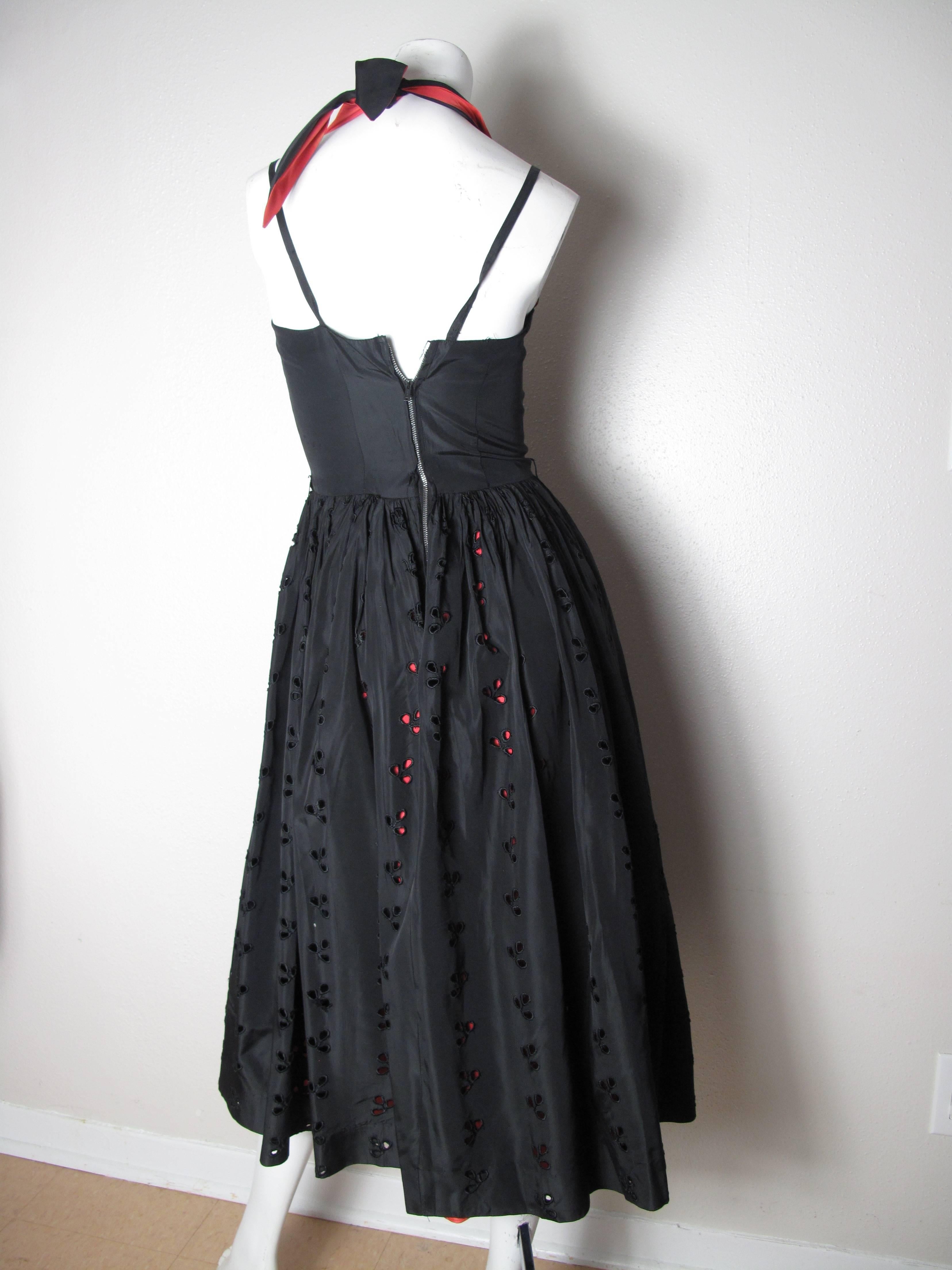 Black Two Tone Eyelet Halter Dress, 1950s 