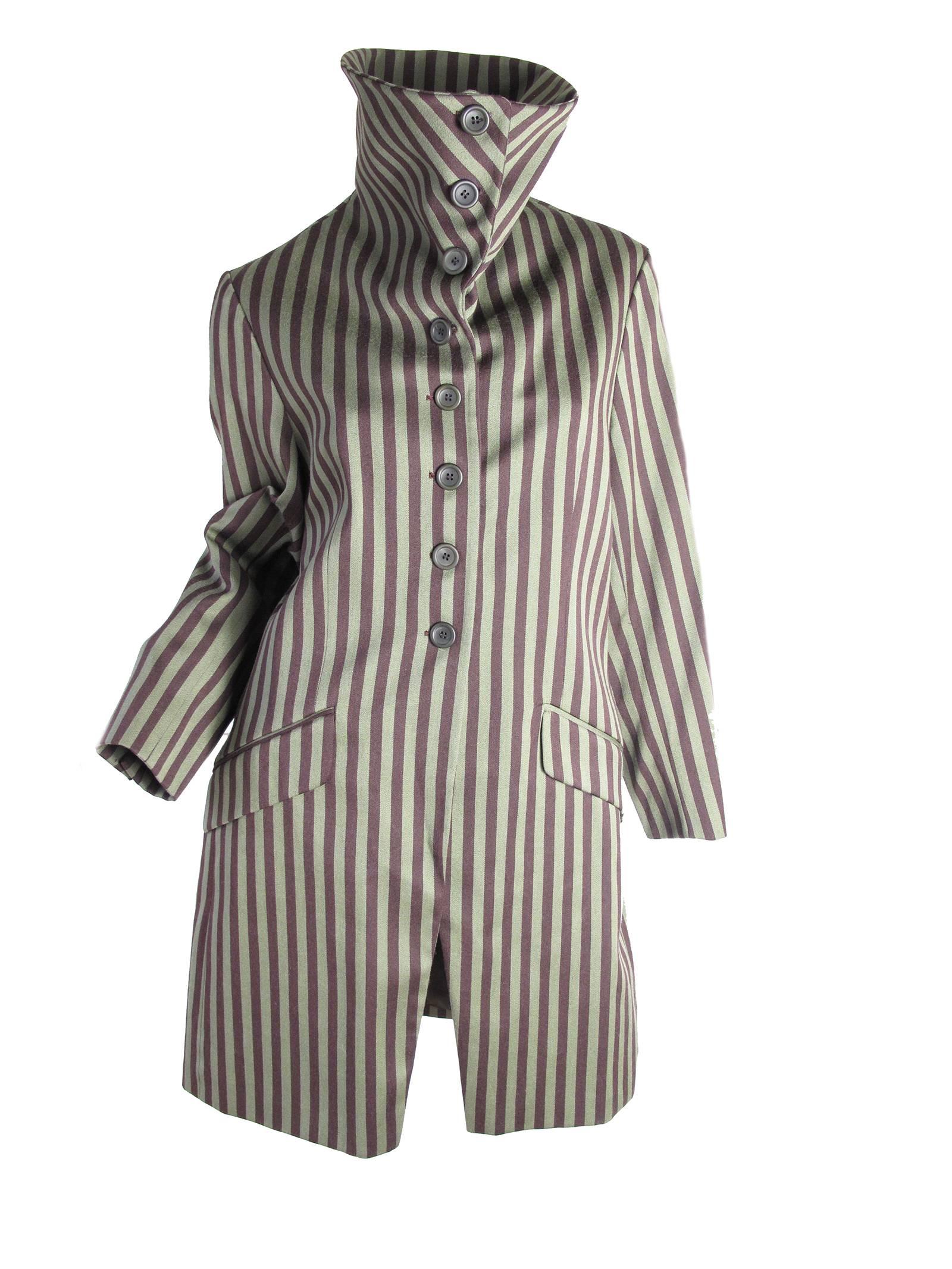 Early Dries Van Noten striped wool and cotton jacket with buttons down the front and extra large collar that can button up around neck.  Condition: Excellent. Size 42/ current US 6 - 8

We accept returns for refund, please see our terms.  We offer