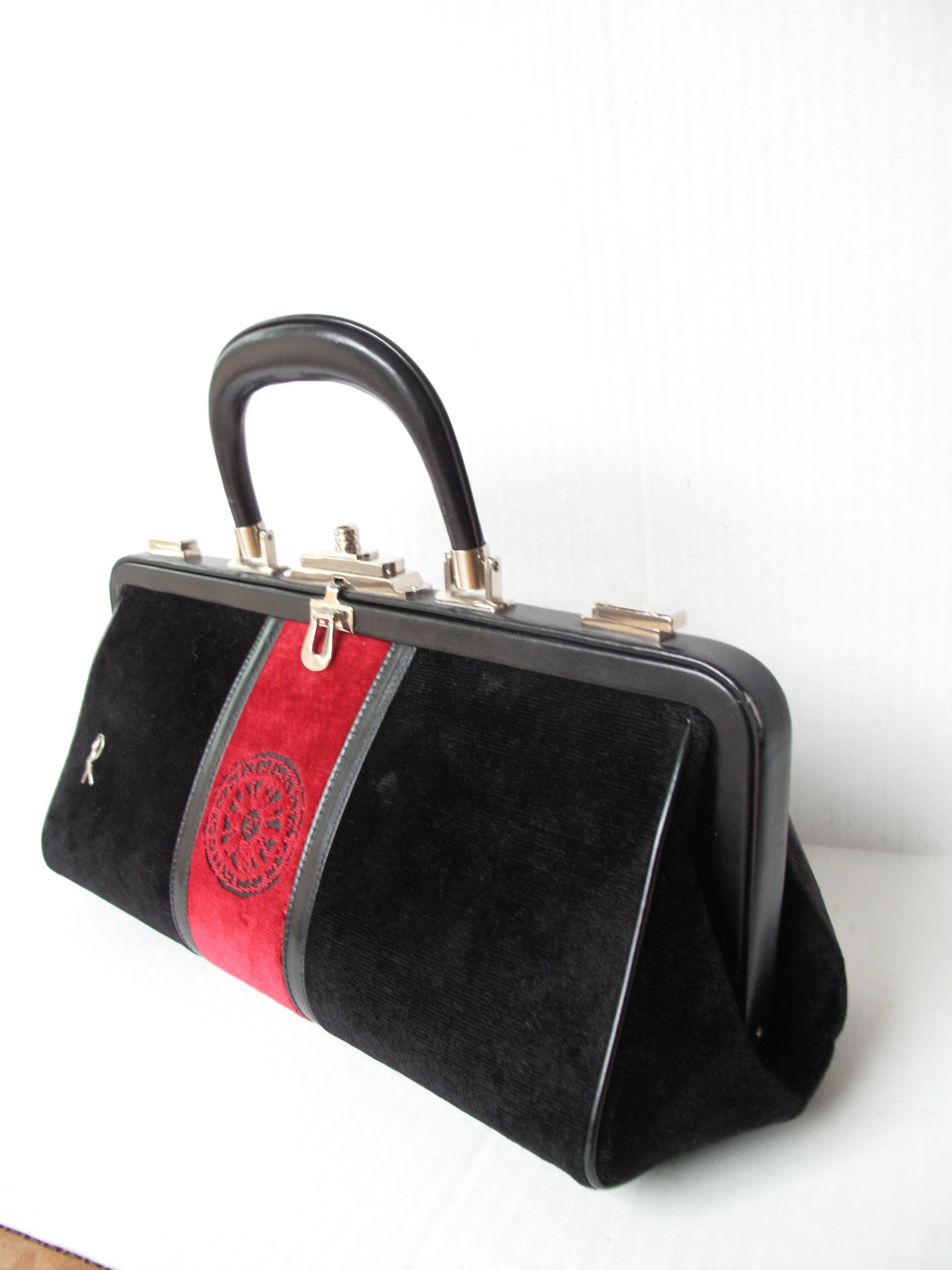 1978 Roberta di Camerino black and red velvet bag with leather trim.  Condition: Excellent, never used. 
 15 1/2