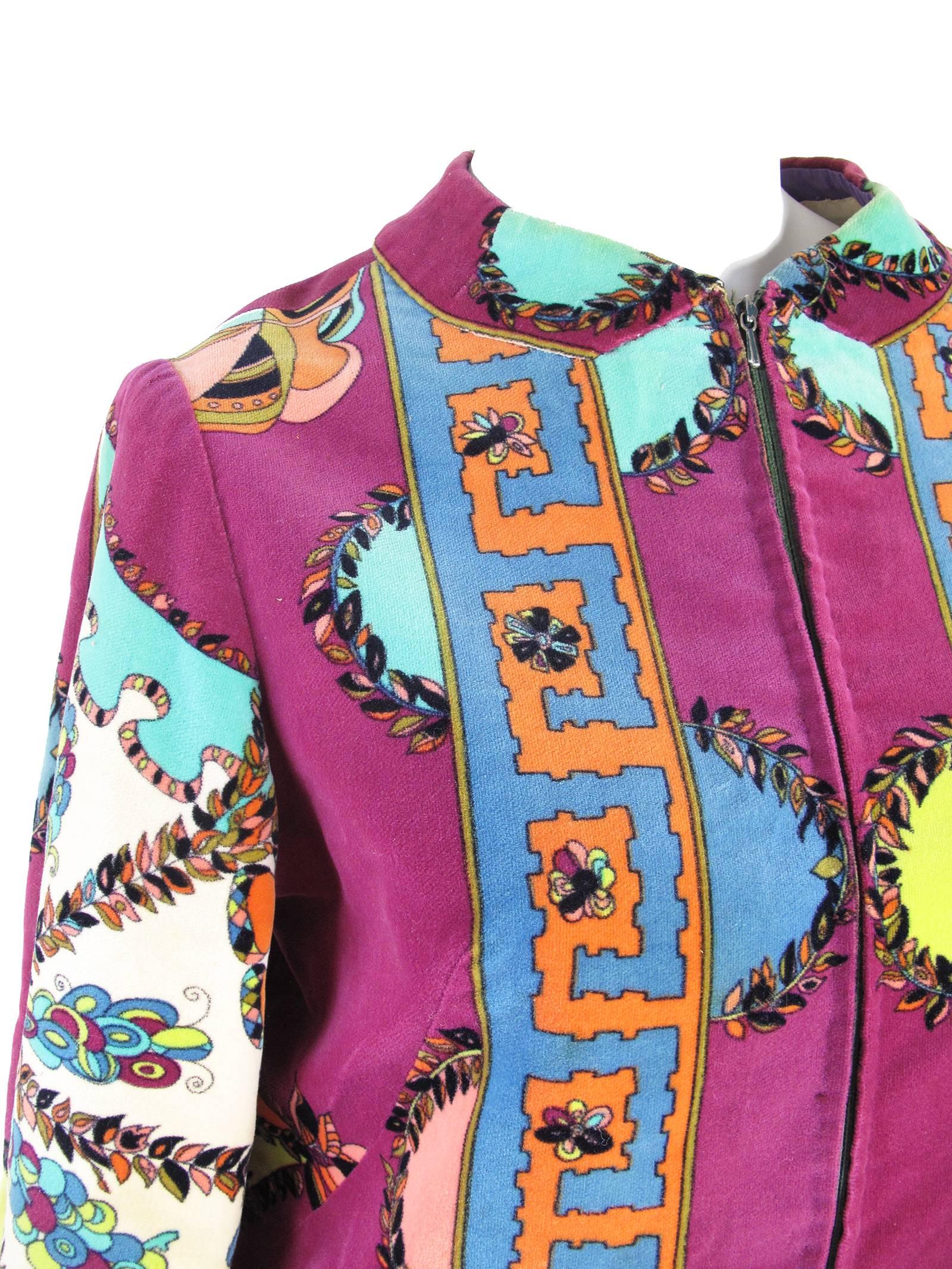 1960s Pucci velvet geometric print velvet jacket.  Zips up front. Condition: AS IS, a few spots on exterior, underarm staining on lining. Pucci size 8, current US size 4

We accept returns for refund, please see our terms. We offer free ground