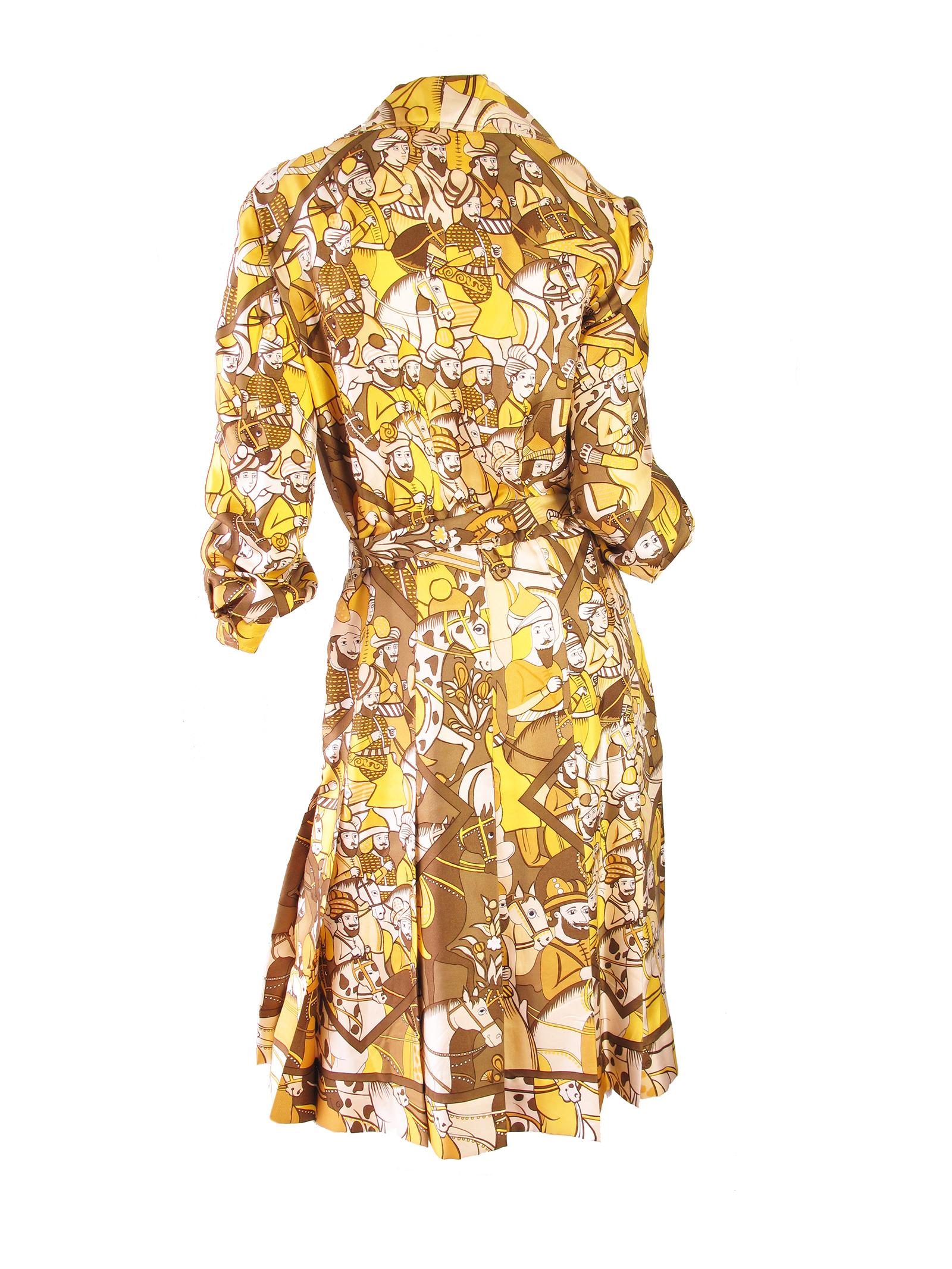 1970s Hermes silk printed dress with removable belt.  Condition: Very good, spot and pull on collar, see photos. Size 8 - 10

We accept returns for refund, please see our terms.  We offer free ground shipping within the US