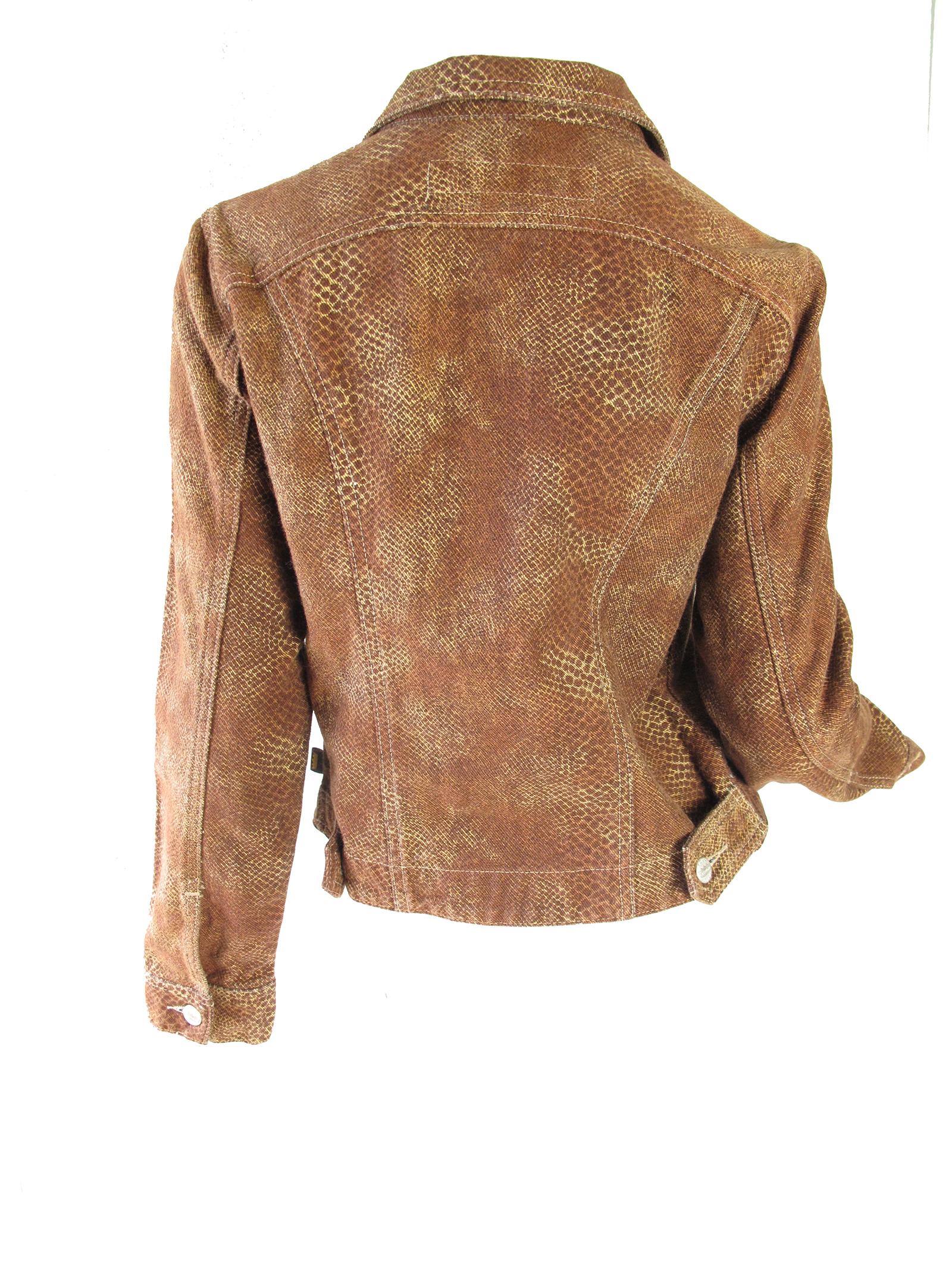 1990s Todd Oldham leopard print denim jacket.  Condition: Excellent. Size Medium ( mannequin is US size 6 ) 

We accept returns for refund, please see our terms.  We offer free ground shipping within the US.