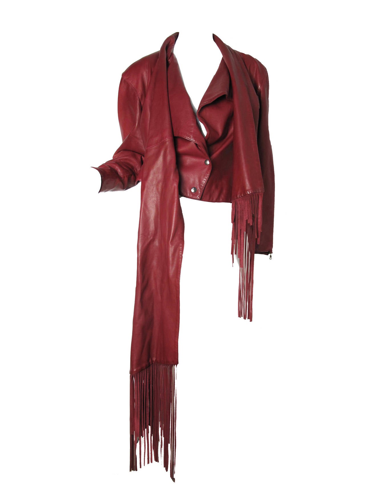 1980s Claude Montana wine colored fringe leather jacket In Good Condition In Austin, TX