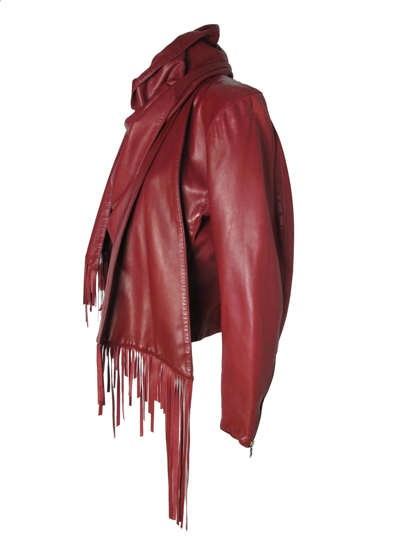 Women's 1980s Claude Montana wine colored fringe leather jacket