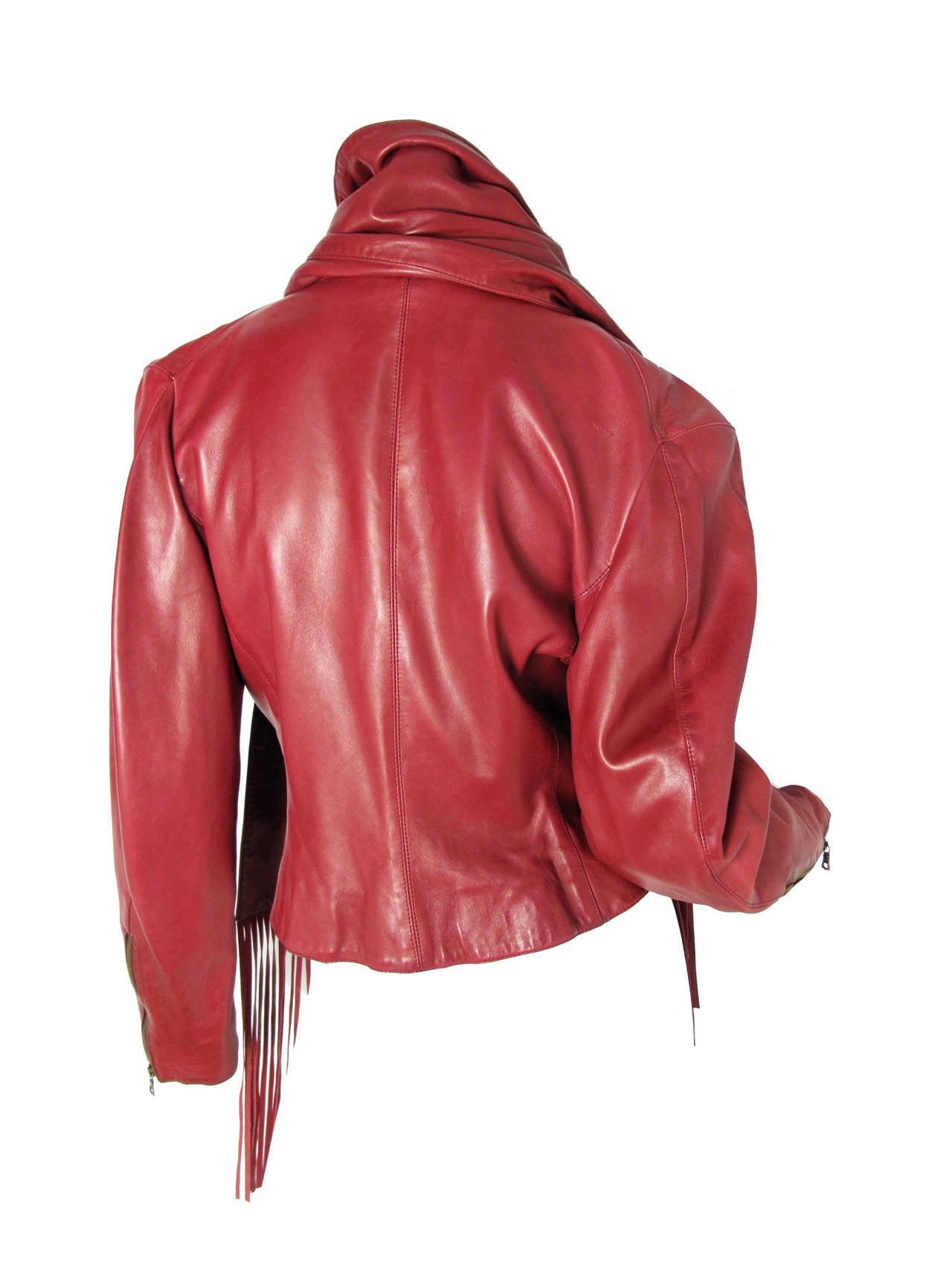 1980s Claude Montana wine colored fringe leather jacket 1