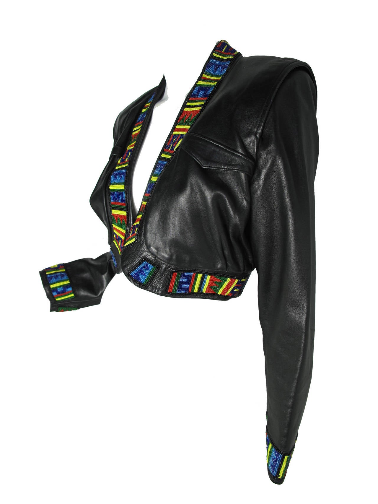 Jean Claude Jitrois numbered cropped black leather jacket with multi-colored beading. 39