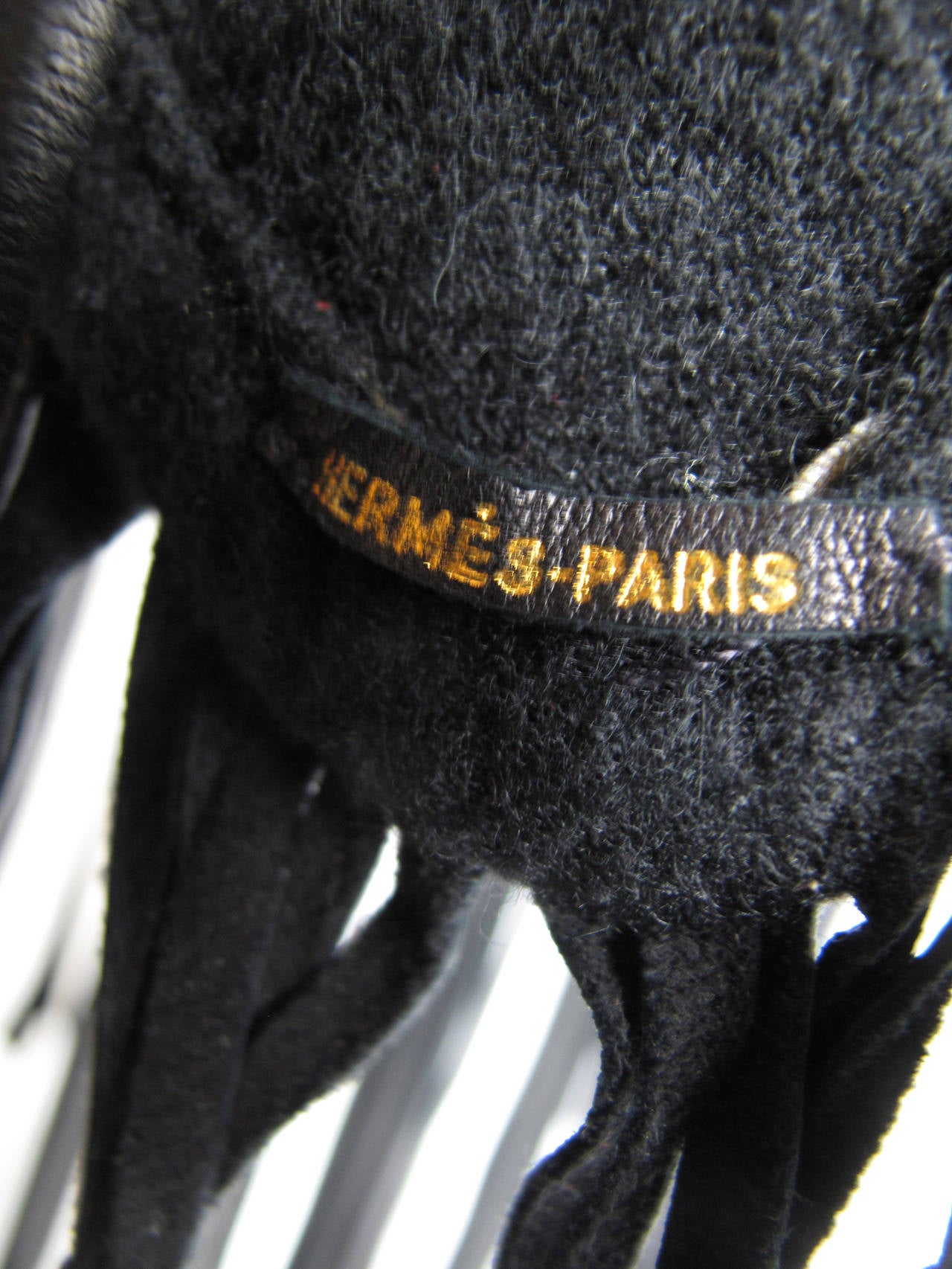 Women's 1980s Hermes Black Wool Shawl with Leather Fringe