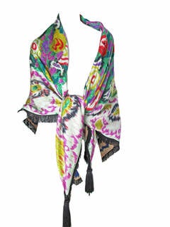 1980s Ungaro Silk Reversible Printed X-Large Shawl with Tassels and Fringe