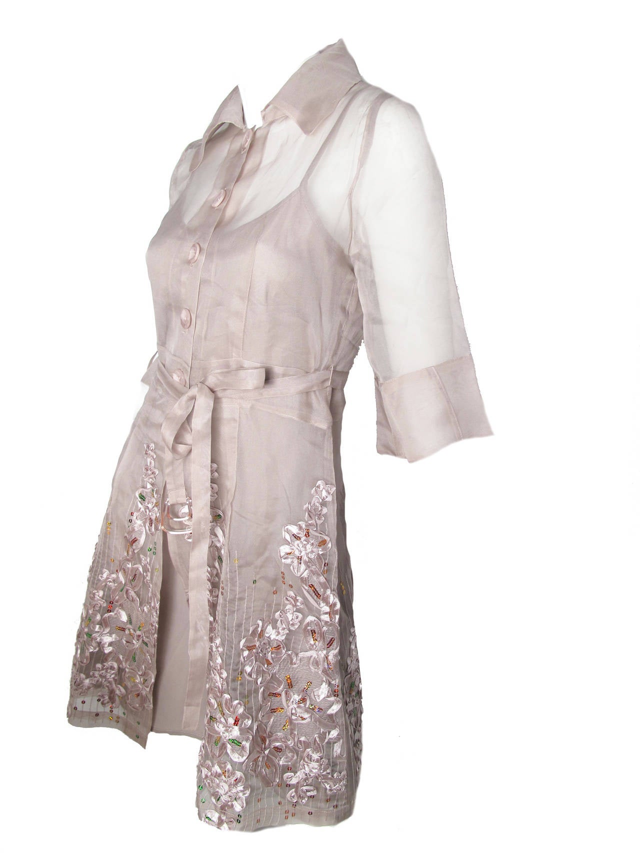 Kenzo mauve sheer silk organza dress with slip and belt.  Buttons down front.  Floral design on bottom with sequins.

Slip: 34