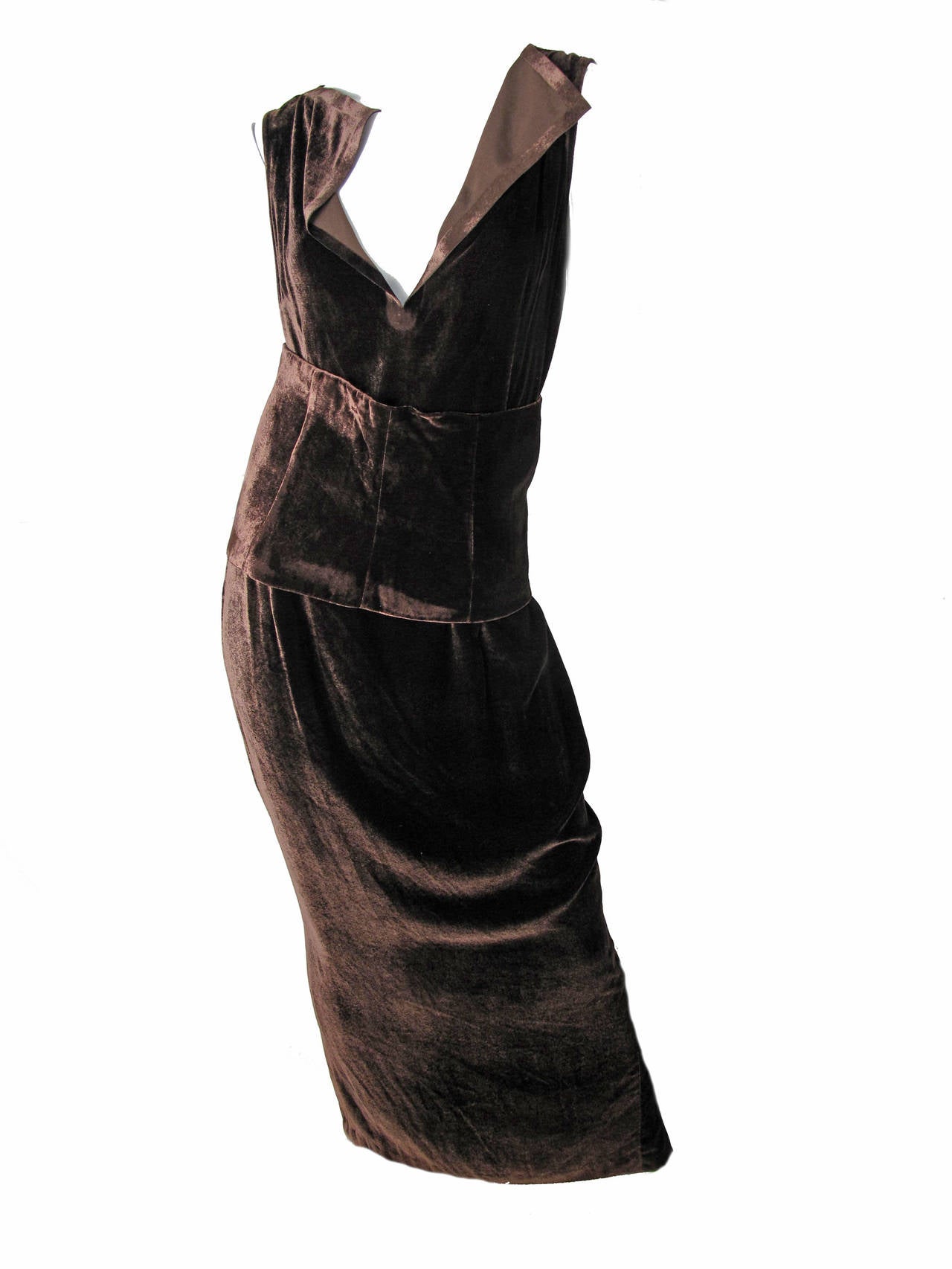 Maison Martin Margiela brown velvet gown with cummerbund.  Rayon, silk, spandex fabric. 
36