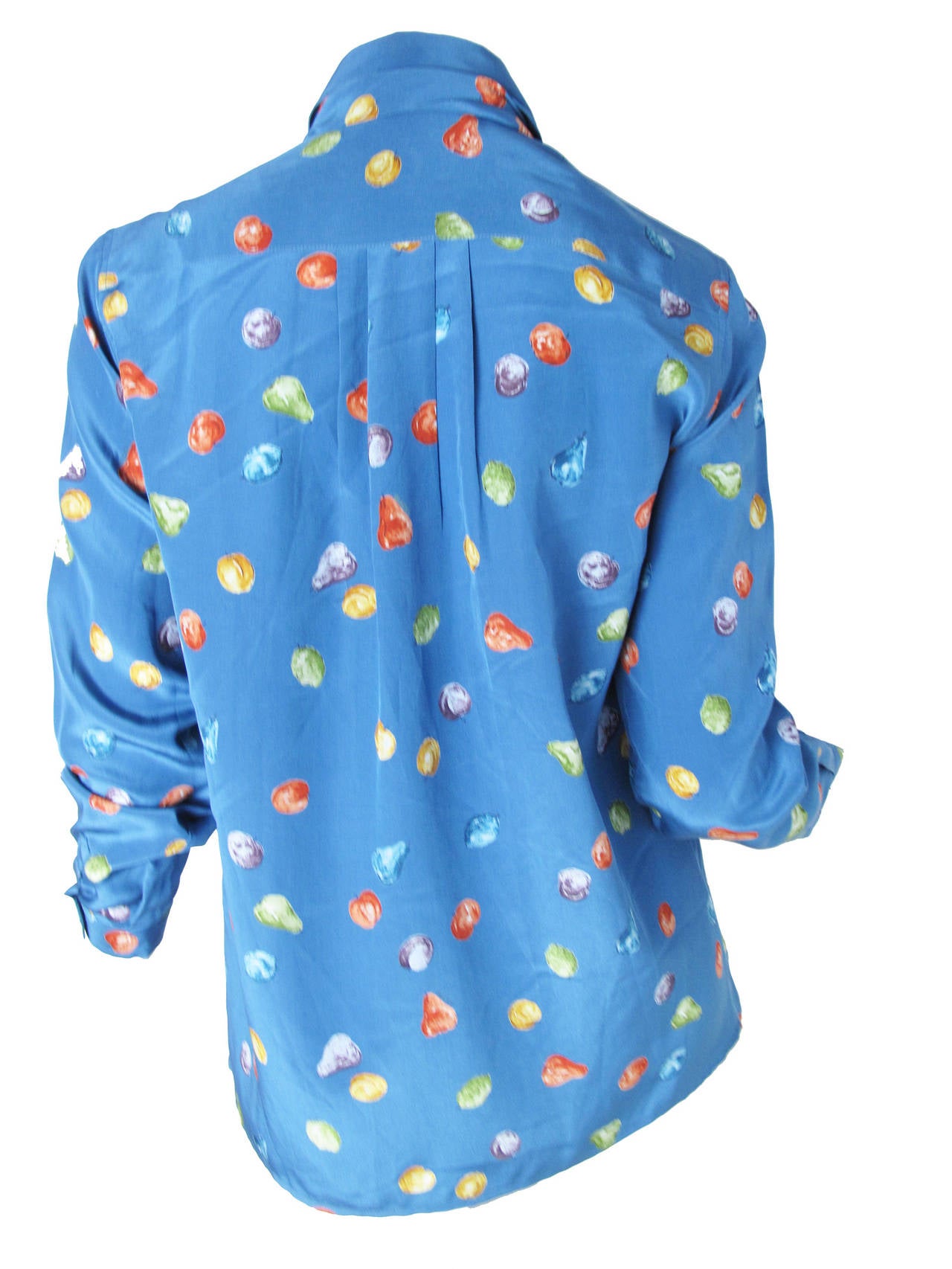 Gucci blue silk blouse with fruit print and removable tie for collar.  39