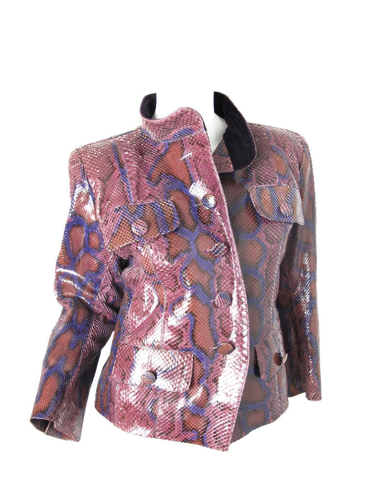 1980s Yves Saint Laurent multicolored pink and purple snake skin jacket with purple velvet collar. Four front pockets. 

40