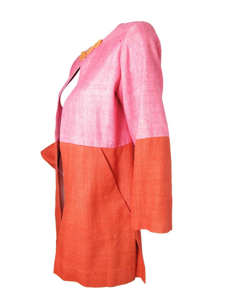 Red Yves Saint Laurent silk pink and orange jacket and skirt