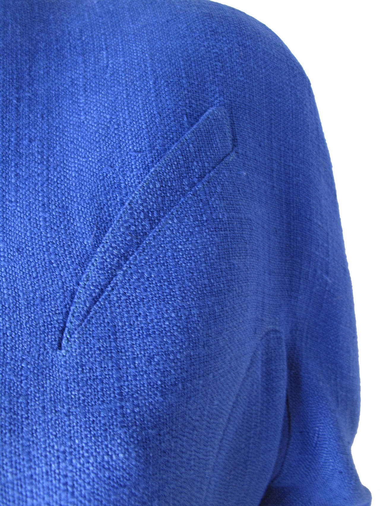 Thierry Mugler blue linen, viscose, rayon blazer. Snaps to close, metal square buttons.  38