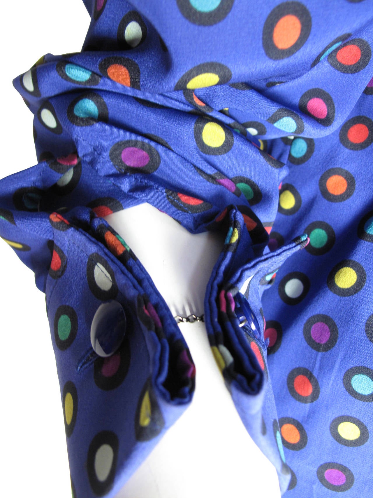 Valentino blue silk blouse with multi-colored polka dots.  40