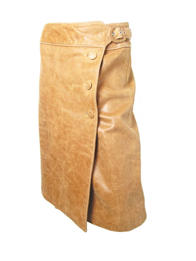 Martin Margiela brown leather wrap skirt. Buttons down front.  30