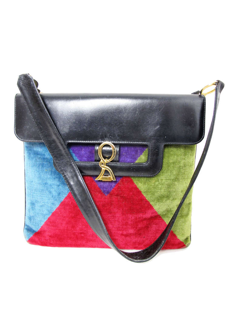 Roberta di Camerino velvet and leather purse. Blue, purple, green and red with black leather and 