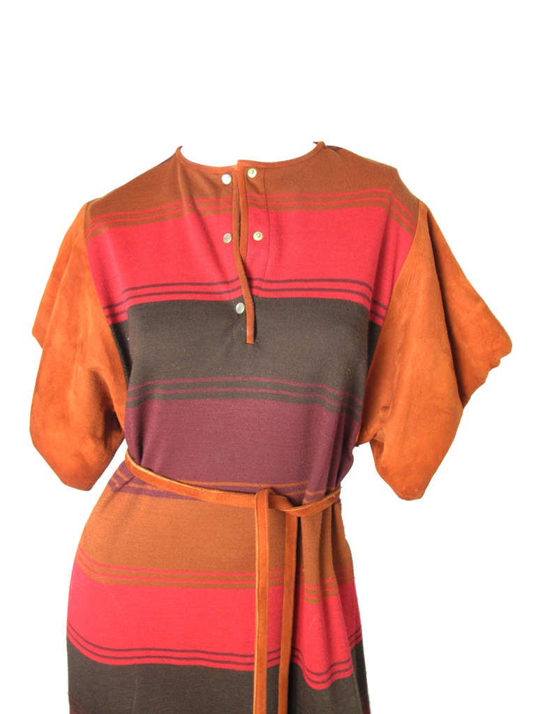 1970s Bonnie Cashin brown, purple, red, tan striped wool floor length dress with suede sleeves and belt.  Snaps down front.  Two side pockets.  35