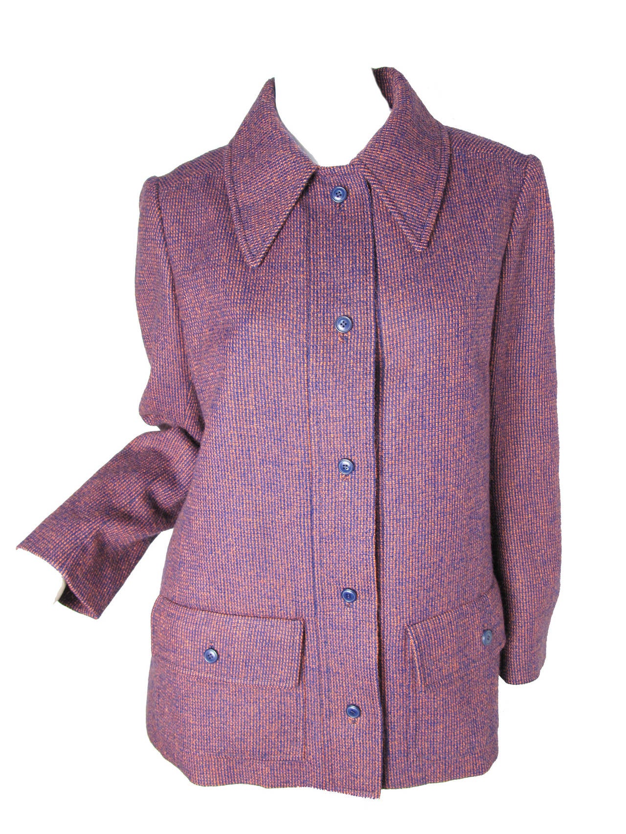 1960s CHRISTIAN DIOR Suit Numbered. Purple and pink woven wool jacket and skirt. Jacket: 40