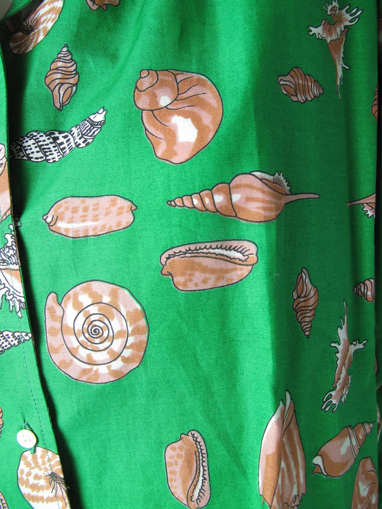 Late 60s - early 70s Valentino Boutique green cotton blouse with shell print.  42