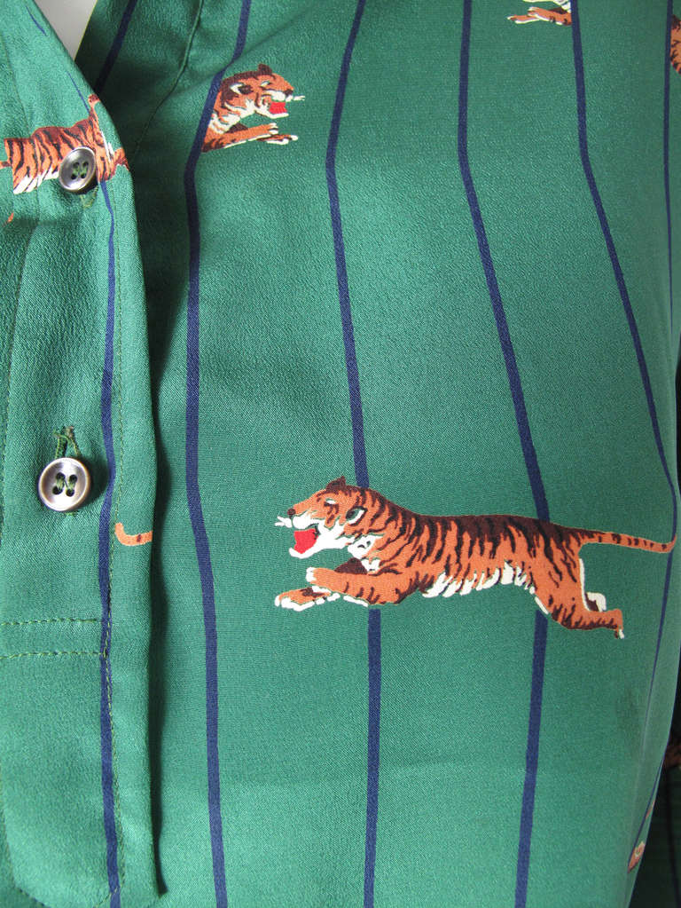 Valentino green silk blouse with tiger print.  38
