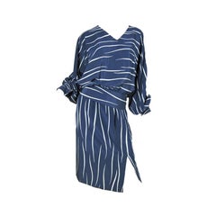 Pauline Trigere navy silk top skirt and scarf 