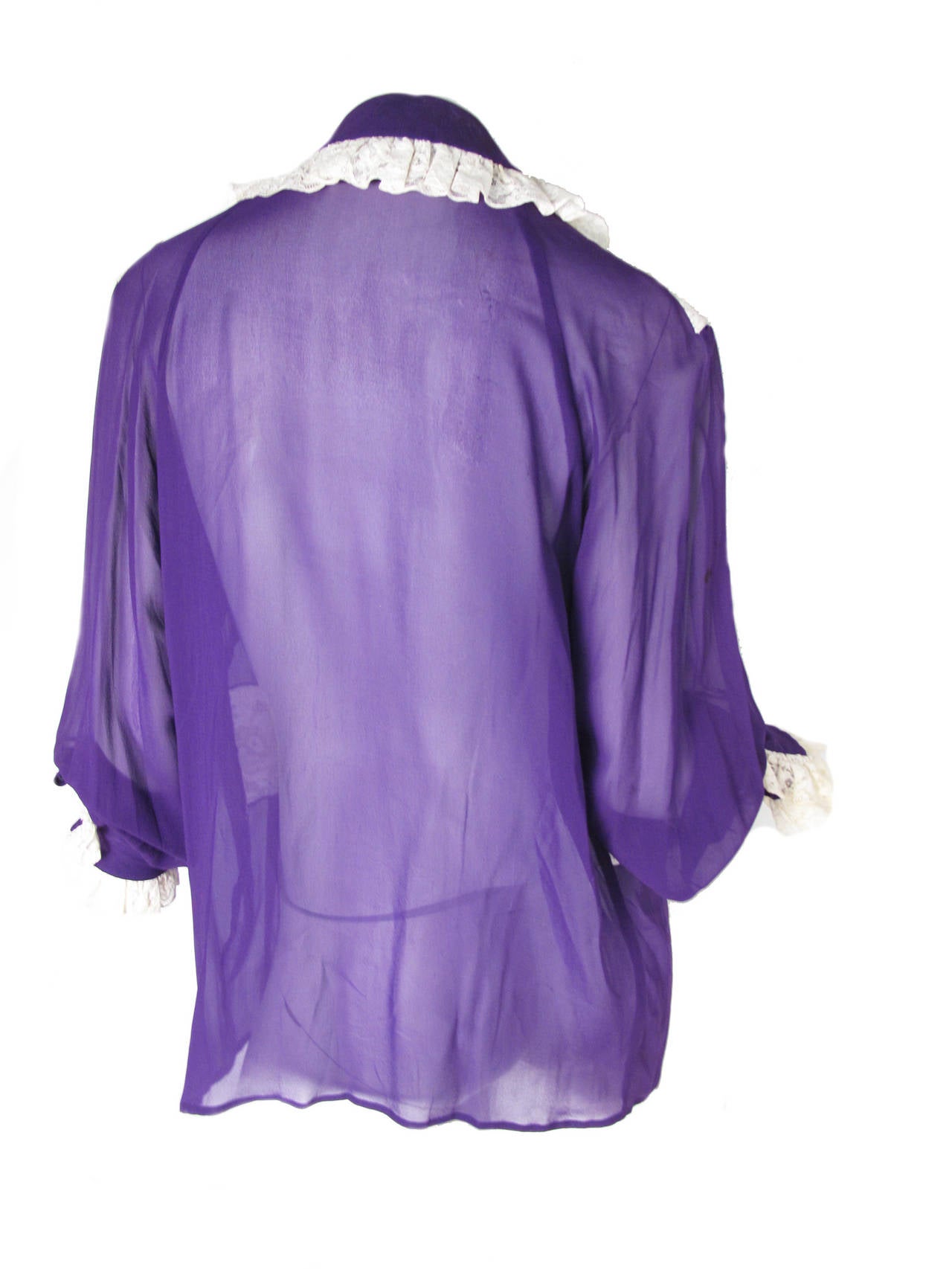 Gianfranco Ferre purple silk chiffon sheer blouse with white ruffle collar and rhinestone buttons.  40