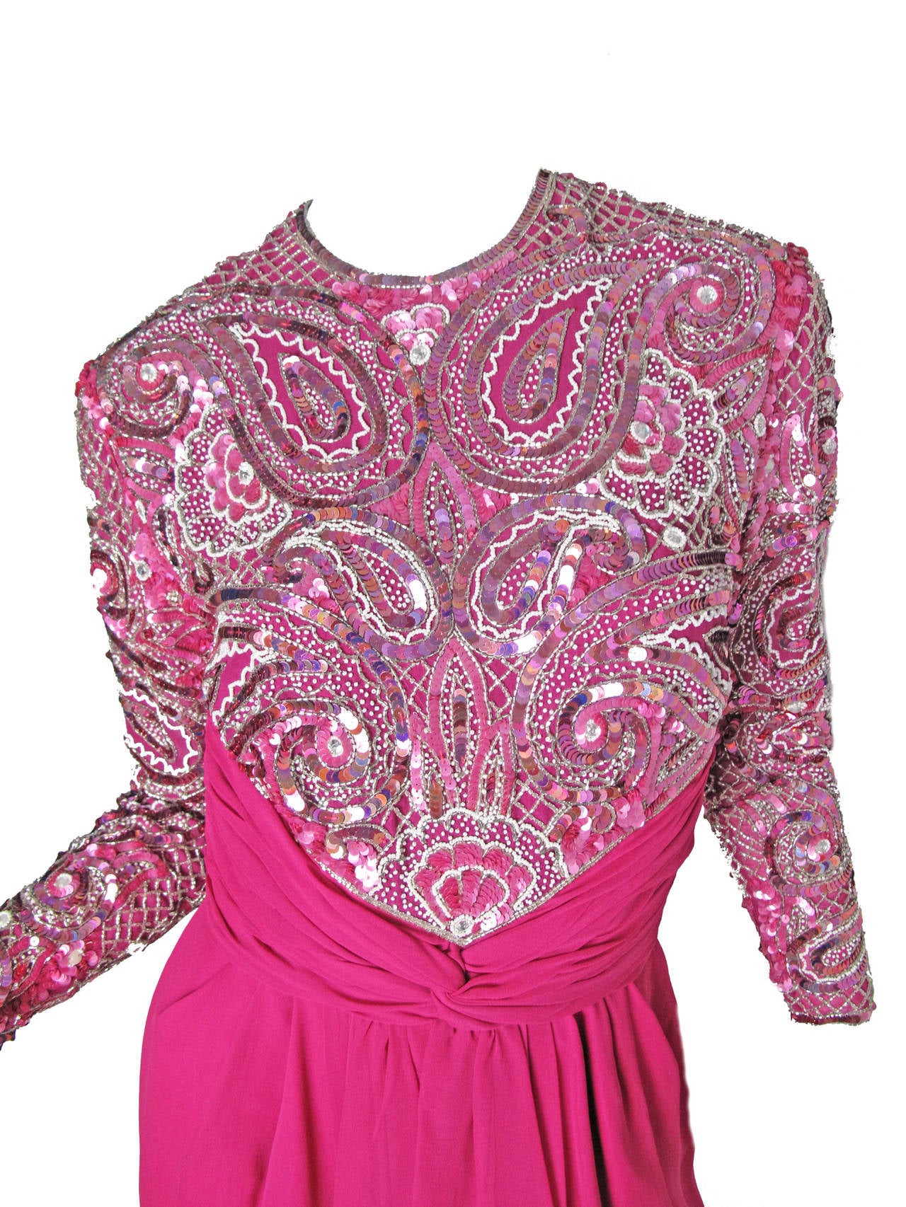 Women's 1980s Naeem Khan Riazee Nights Fuchsia Silk Gown with Beading and Sequins