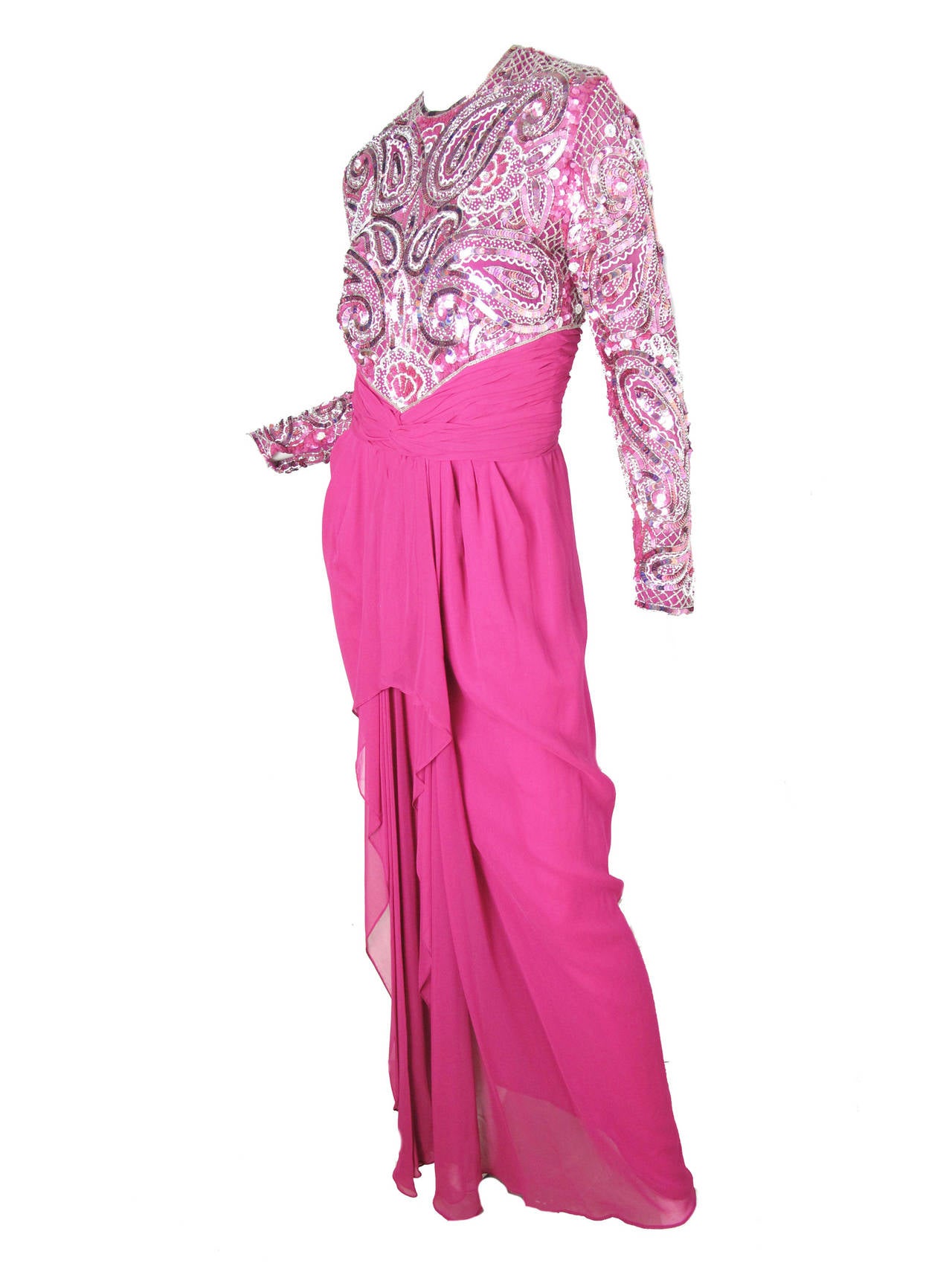 1980s Naeem Khan Riazee Nights Fuchsia Silk Gown with Beading and Sequins In Excellent Condition In Austin, TX