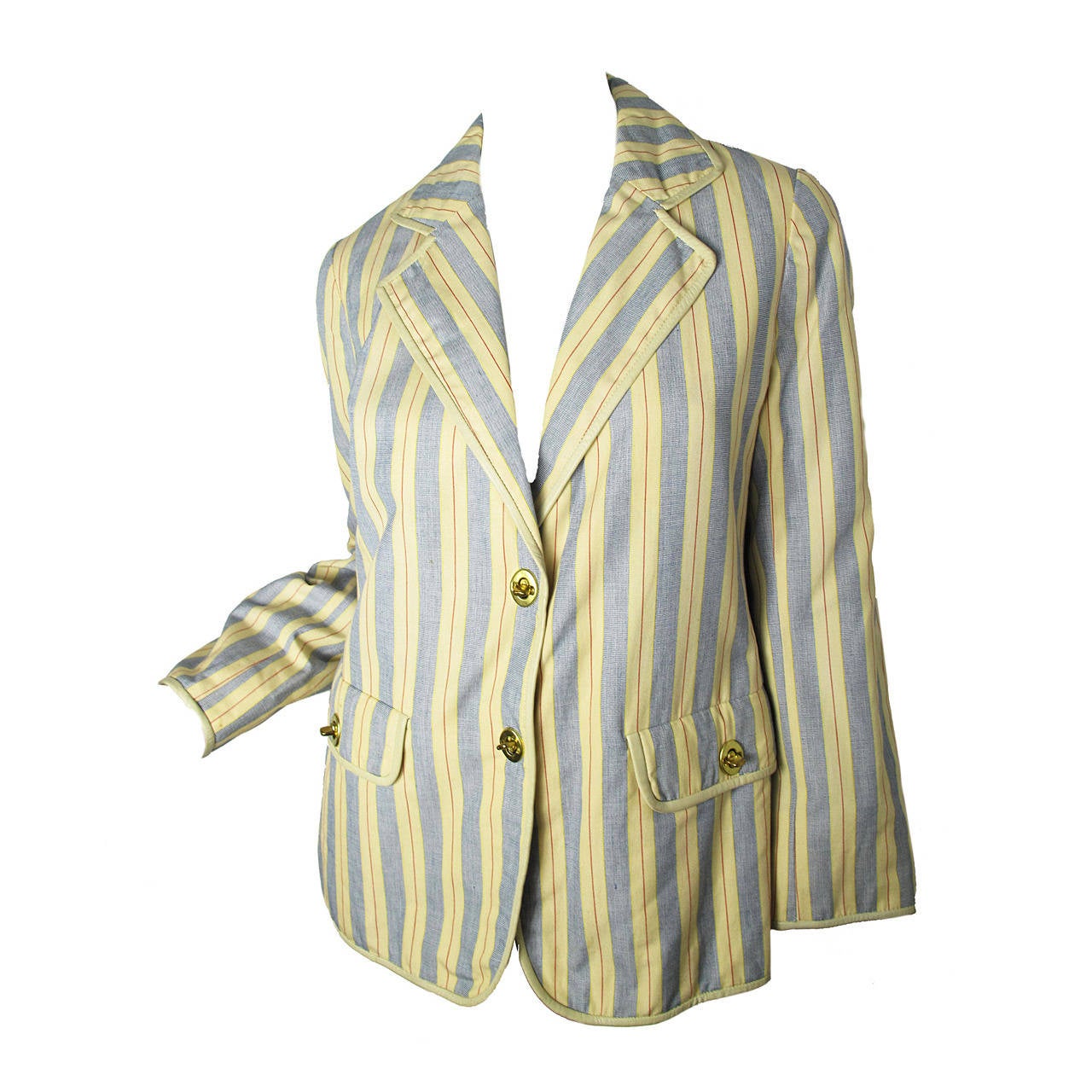 1970s Bonnie Cashin Pinstriped Cotton Blazer with Leather Trim