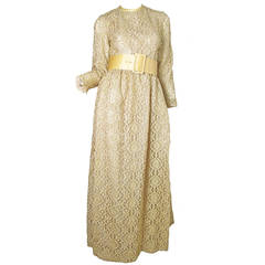 1960s Claudia by George Halley Gold Metallic Lace Gown 5