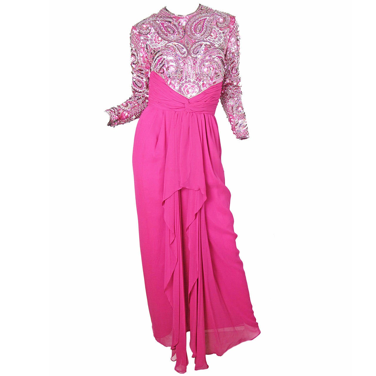 1980s Naeem Khan Riazee Nights Fuchsia Silk Gown with Beading and Sequins
