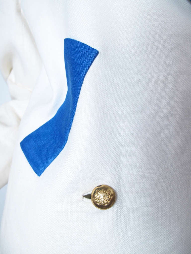 Bill Blass off- white linen coat dress with blue collar, cuffs and pocket.  39