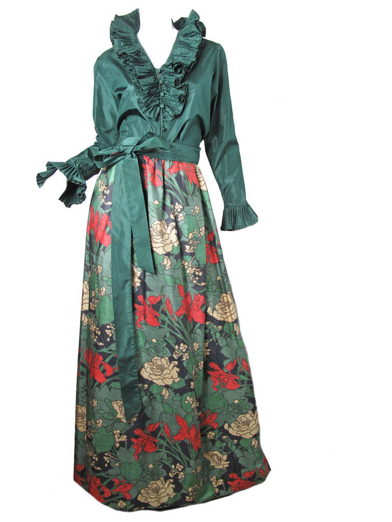 1970s Adolfo silk top with large ruffle collar and printed floral full length skirt with silk belt.  Large silk wrap.  Blouse: 42