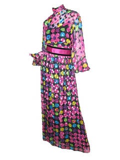 Mollie Parnis Silk Chiffon Maxi Gown with Velvet Dot Design, 1960s