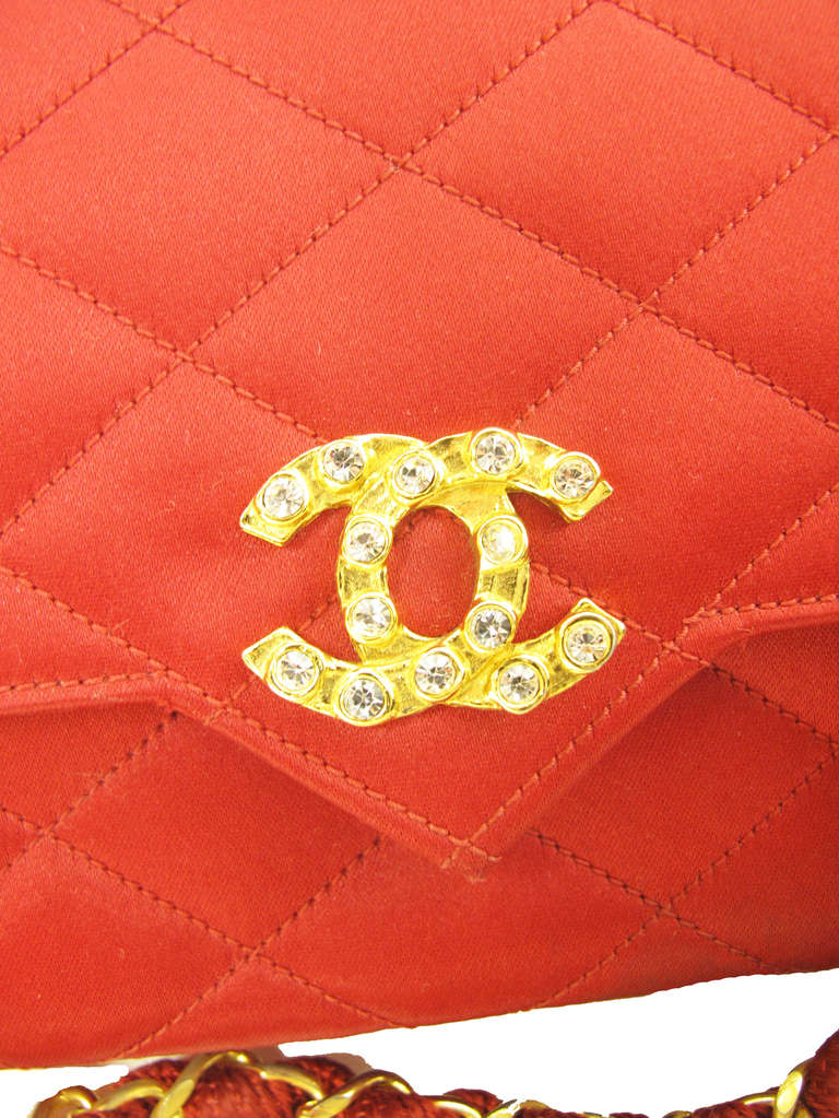 Chanel red satin evening bag with rhinestone 