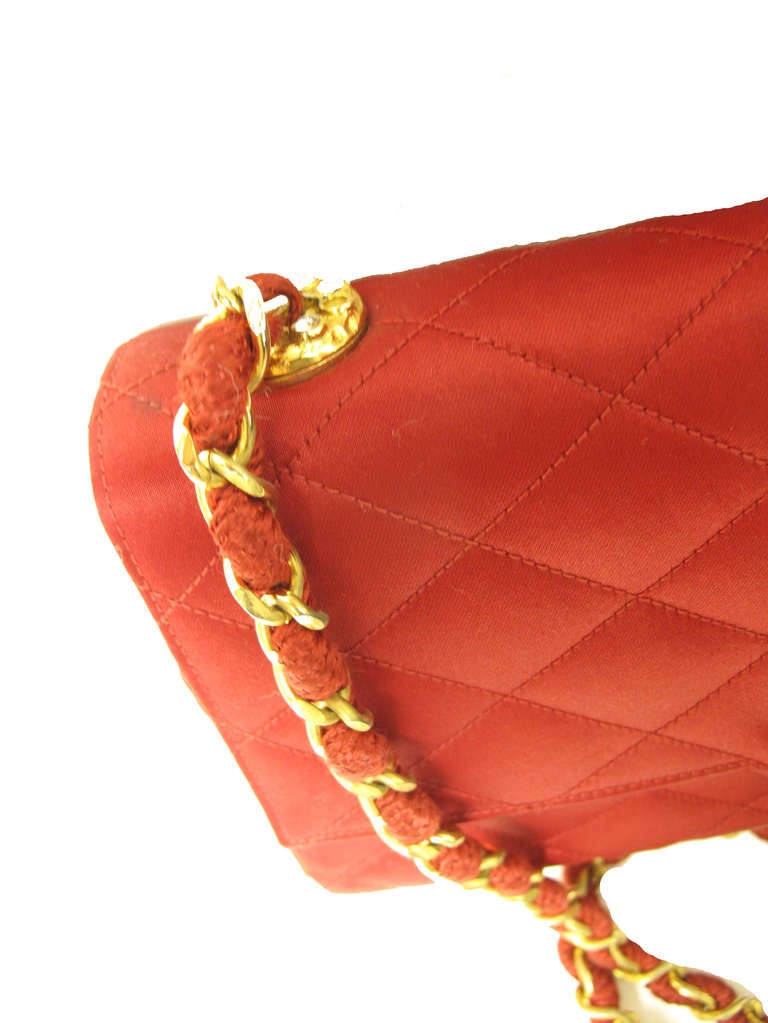 1980s Chanel red satin evening bag with rhinestone 