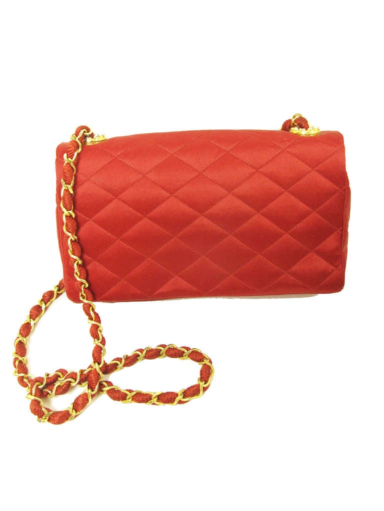 1980s Chanel red satin evening bag with rhinestone 