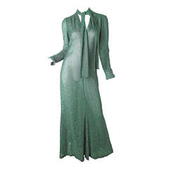 Vintage 1970s Mollie Parnis Sheer Green Metallic Evening Gown