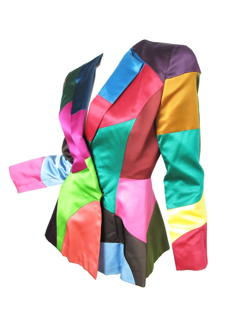 Oscar de la Renta multicolored patchwork satin blazer. Condition: Very good, small mark on label, possibly from a pin. 34