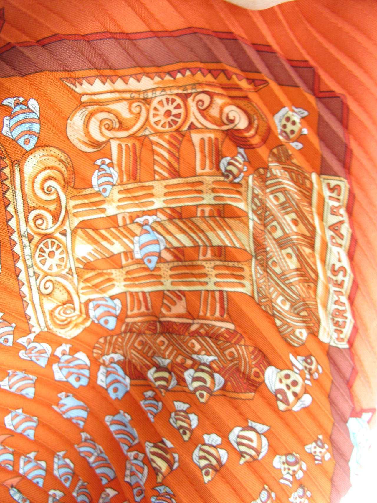 Women's Hermes Red Silk Pleated Neck Scarf with Ocean Print