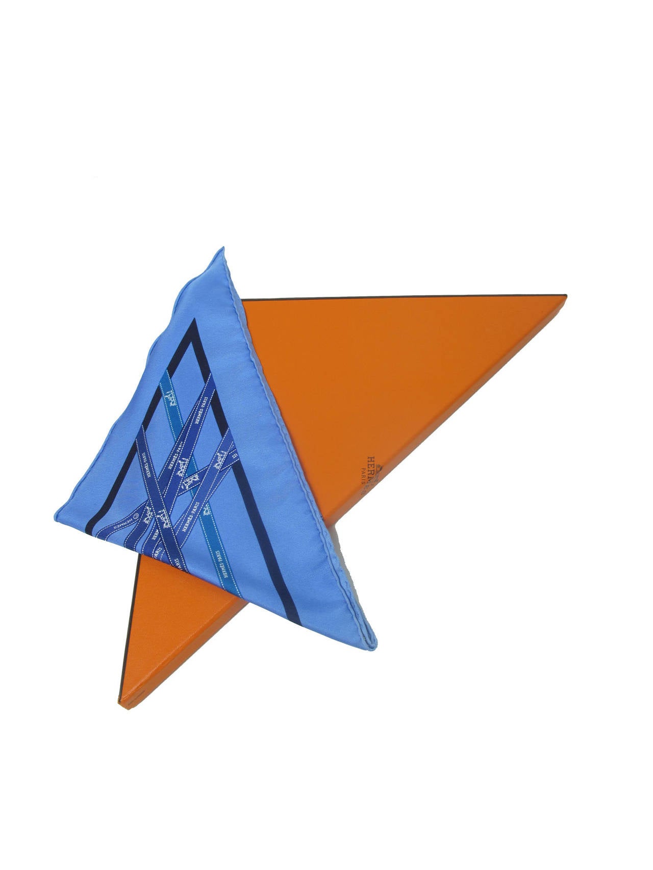 Hermes Bolduc ( hermes ribbon )  Print Blue Silk Twill Triangle Scarf with Box.
41.5