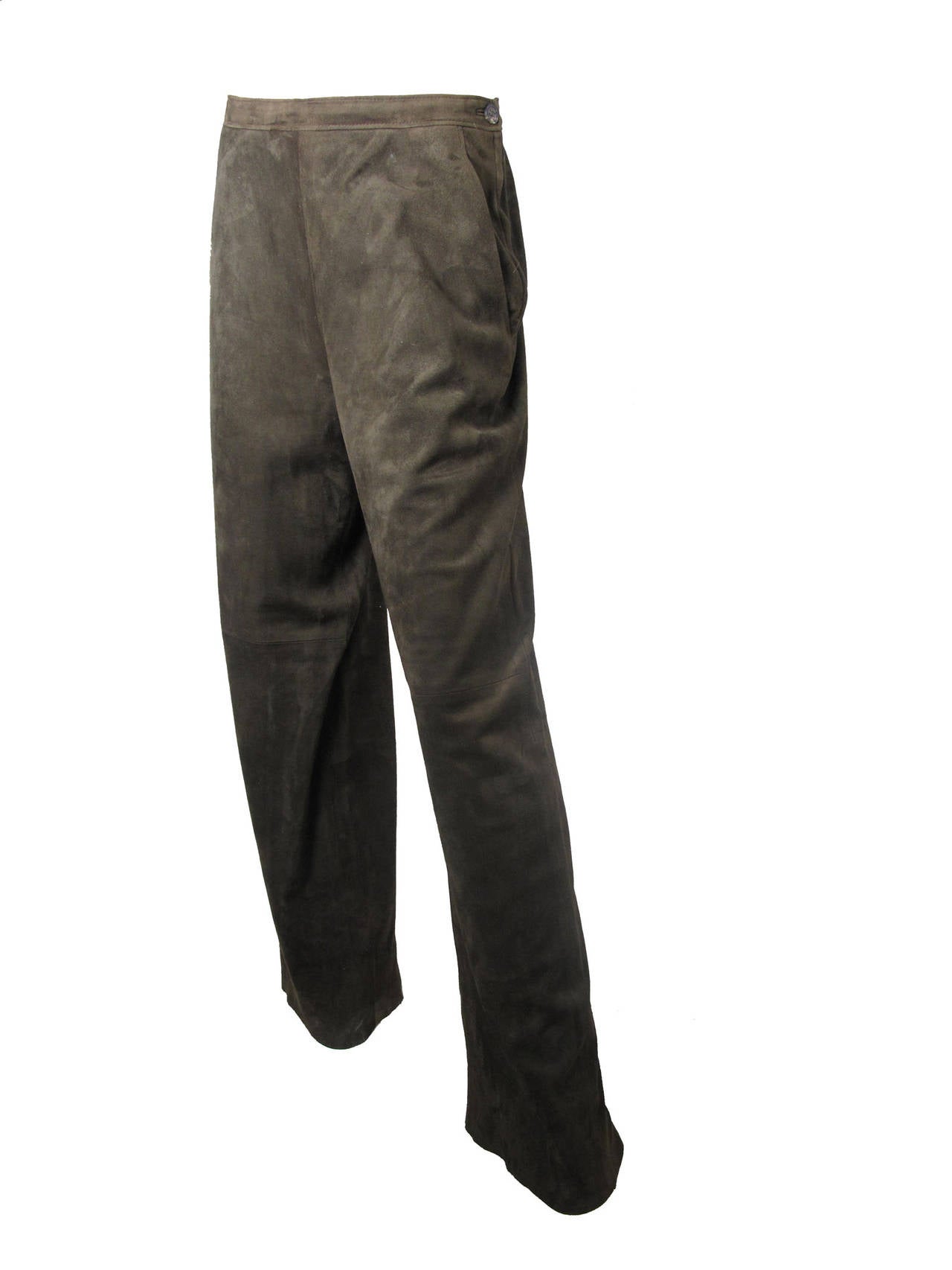 Hermes wide leg olive lambskin suede pants.  Super soft suede. Silk lining. Side pockets, 