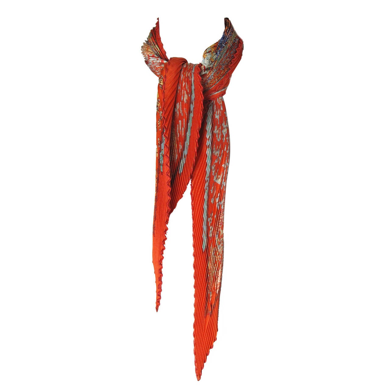 Hermes Red Silk Pleated Neck Scarf with Ocean Print