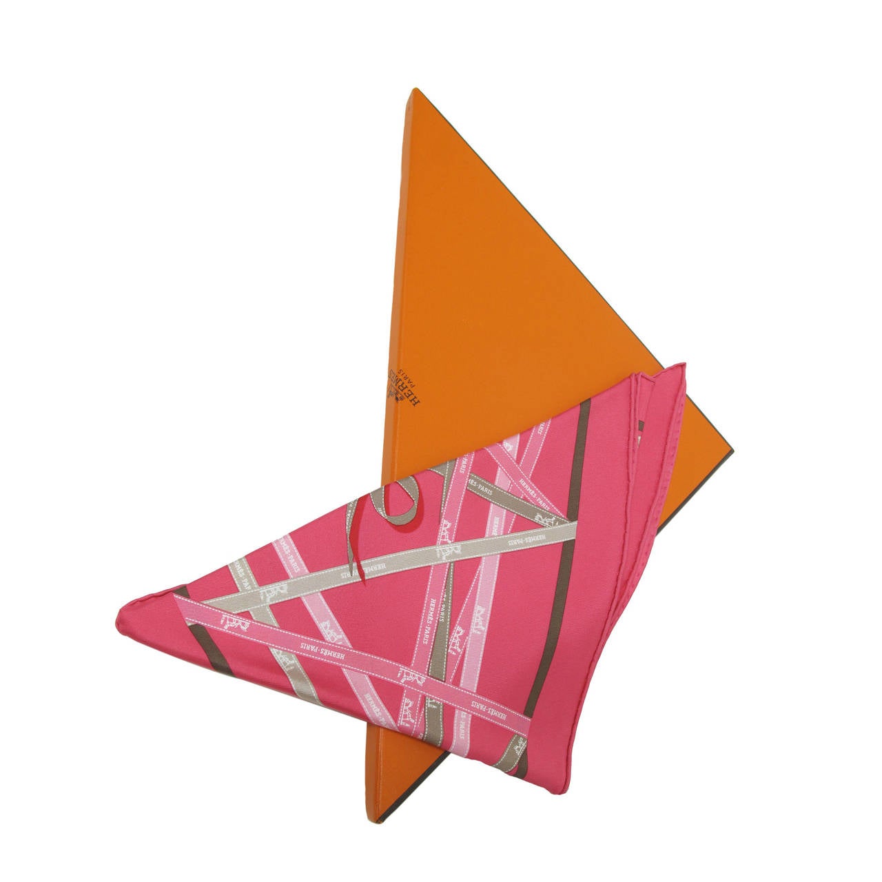 Hermes Bolduc Print Pink Silk Triangle Scarf with Box at 1stDibs