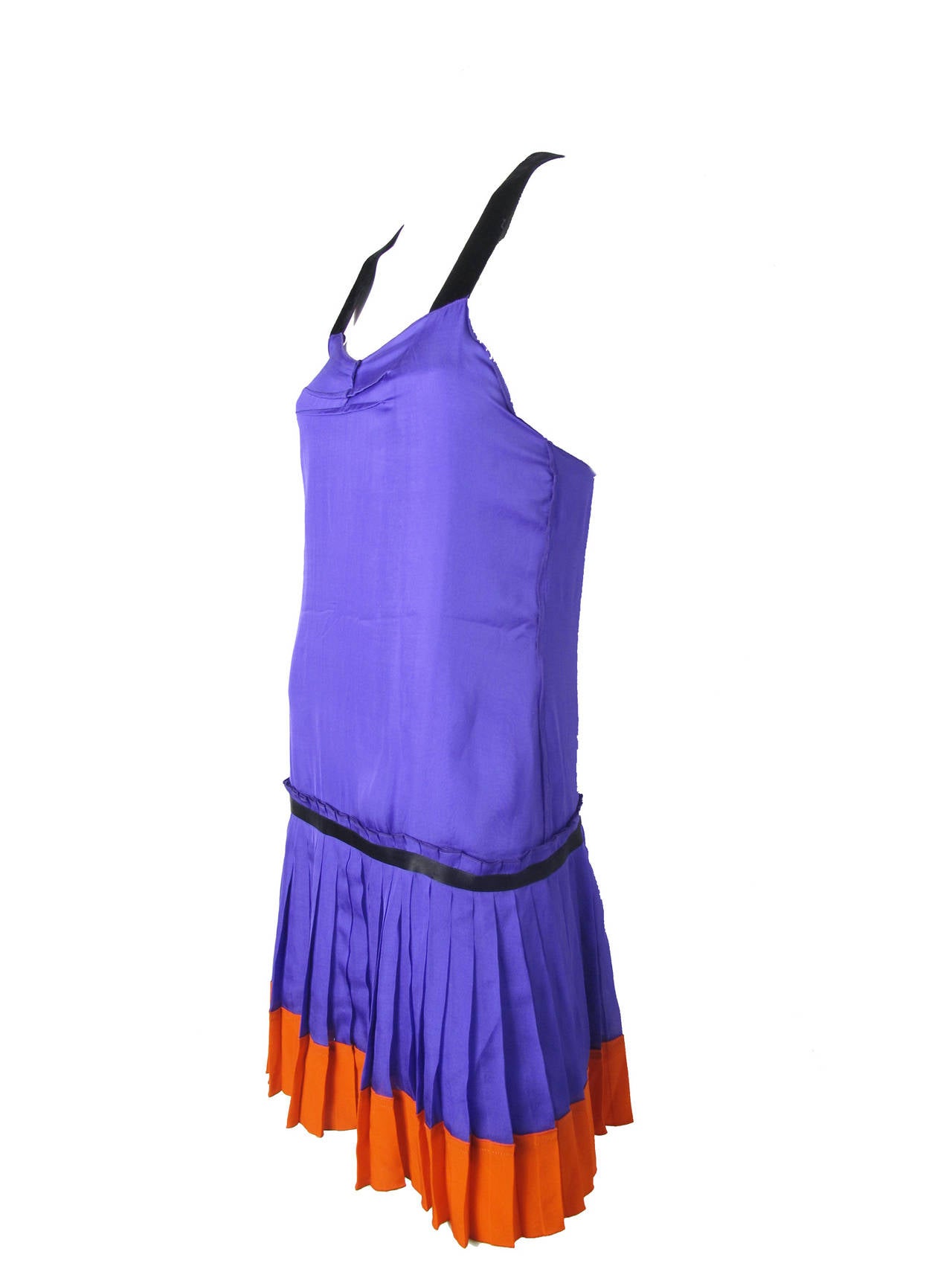 Dolce & Gabbana purple silk and orange pleated dress with criss cross velvet straps.  34