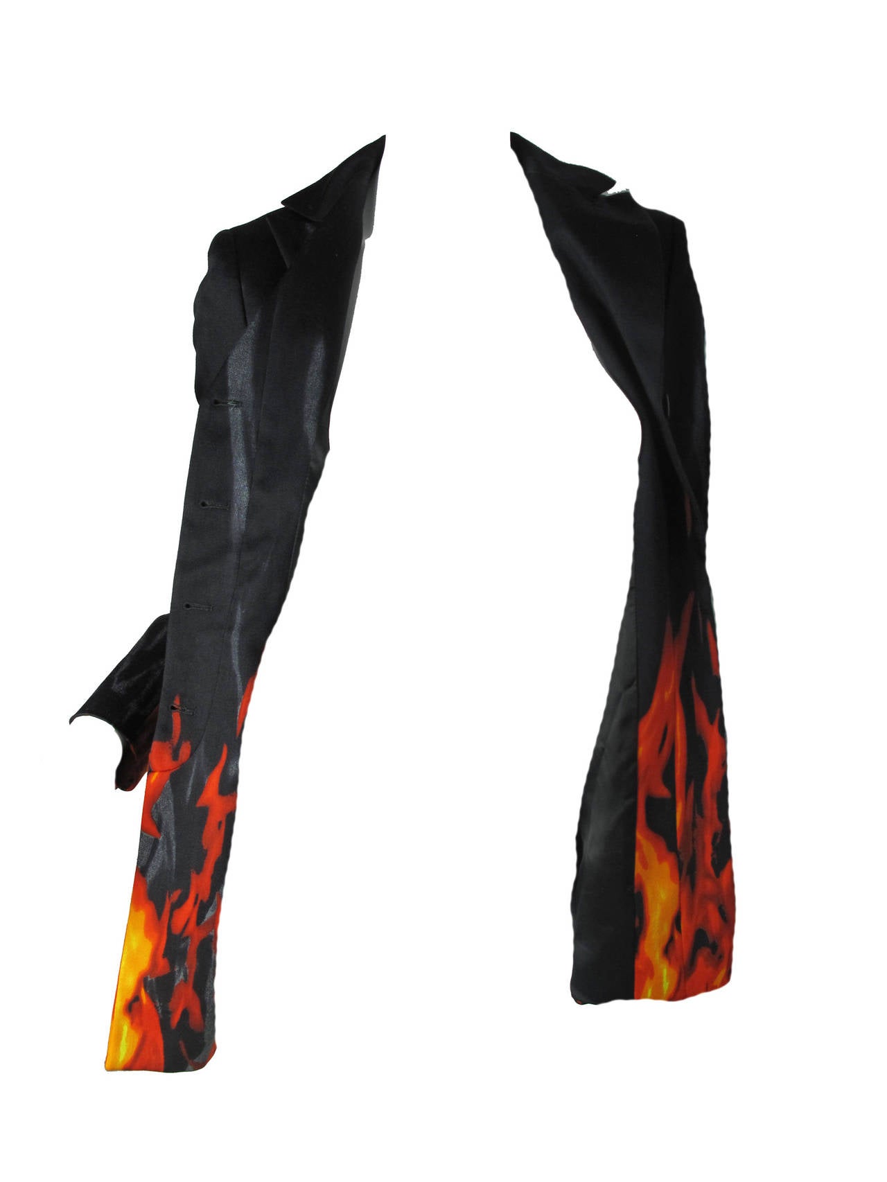 Moschino black light wool blazer with flame and smoke print.  32